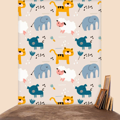 Hand Drawn Carton Animals Pattern Non-PVC Self-Adhesive Peel & Stick Vinyl Wallpaper