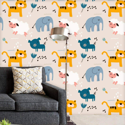 Hand Drawn Carton Animals Pattern Non-PVC Self-Adhesive Peel & Stick Vinyl Wallpaper