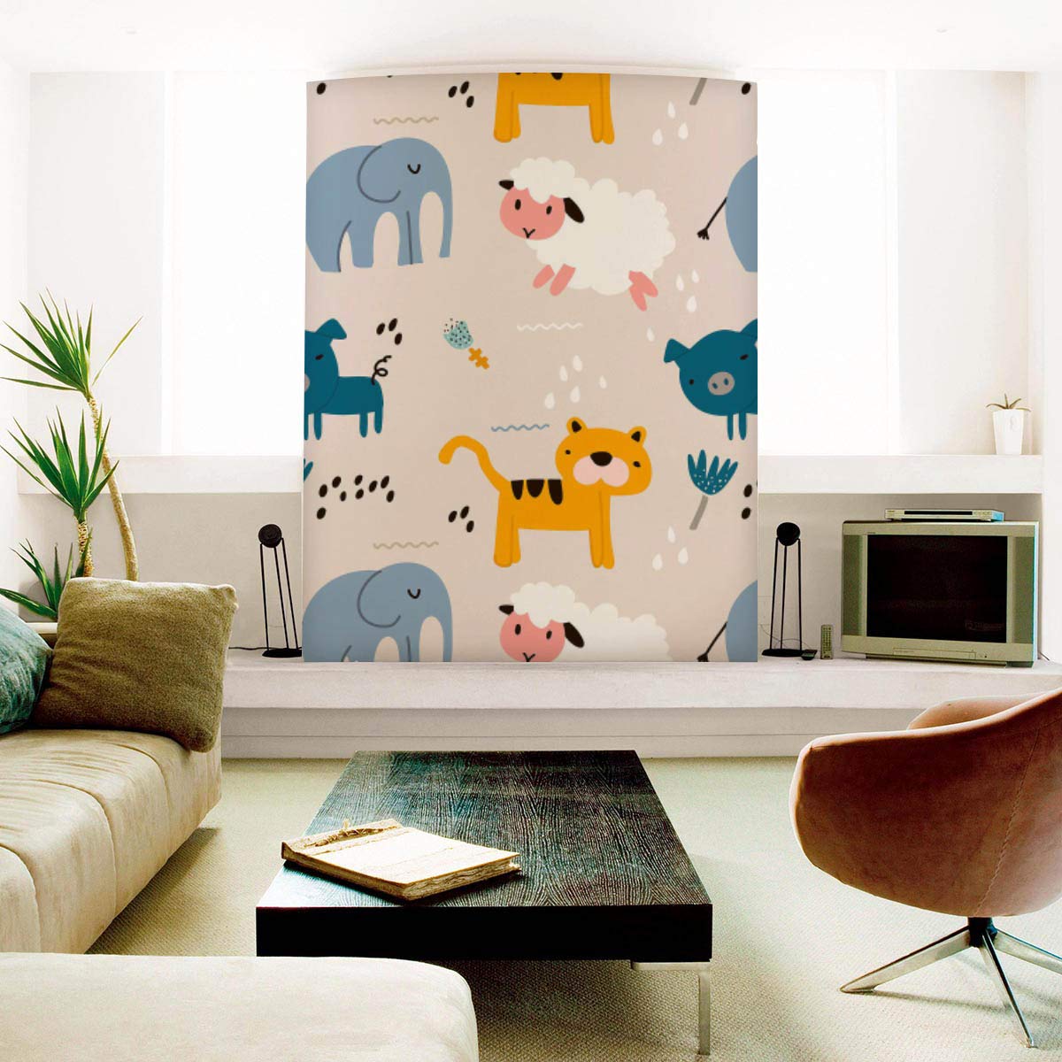 Hand Drawn Carton Animals Pattern Non-PVC Self-Adhesive Peel & Stick Vinyl Wallpaper