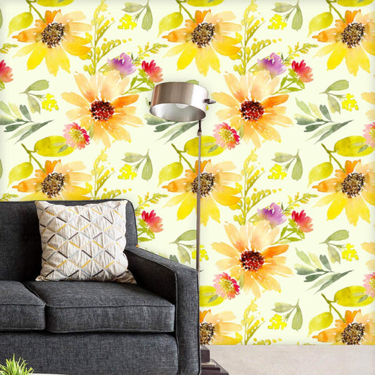 Watercolor Sunflowers PVC-Free Peel & Stick Vinyl Wallpaper