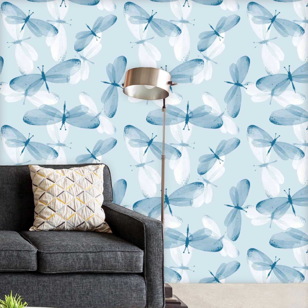 Blue & White Butterflies Non-PVC Self-Adhesive Peel & Stick Vinyl Wallpaper