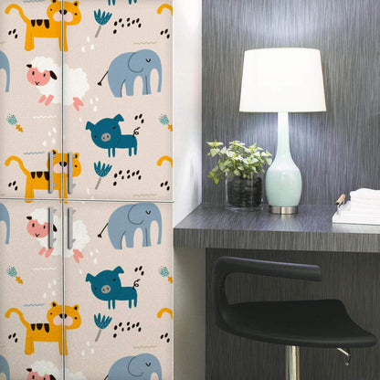 Hand Drawn Carton Animals Pattern Non-PVC Self-Adhesive Peel & Stick Vinyl Wallpaper