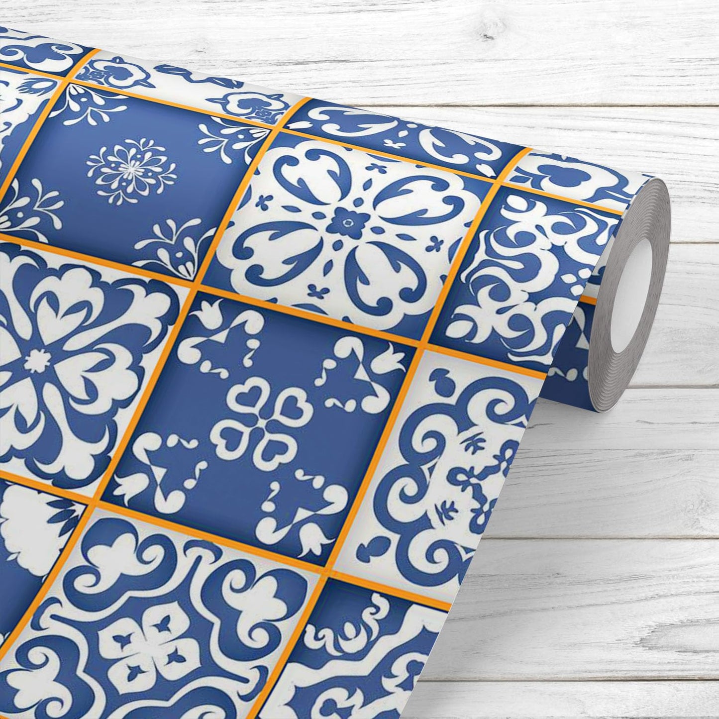 White & Blue Moroccan Pattern PVC-Free Peel & Stick Vinyl Wallpaper Roll