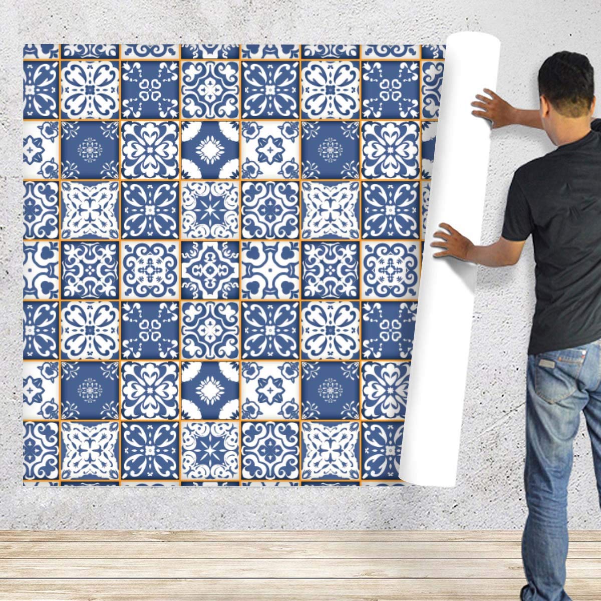 White & Blue Moroccan Pattern PVC-Free Peel & Stick Vinyl Wallpaper Roll