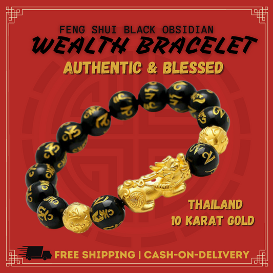 Feng Shui Black Obsidian Stone 10 Karat Gold Bracelet