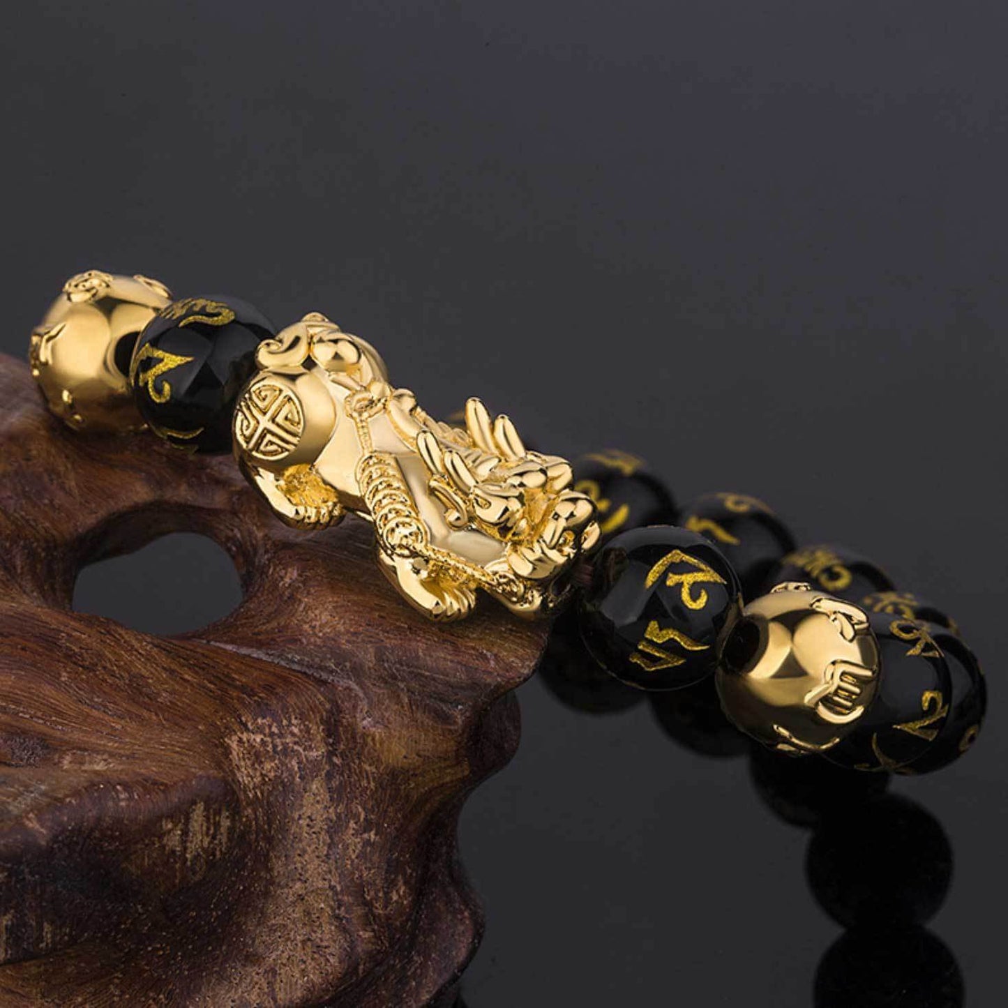 Feng Shui Black Obsidian Stone 10 Karat Gold Bracelet