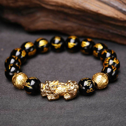 Feng Shui Black Obsidian Stone 10 Karat Gold Bracelet