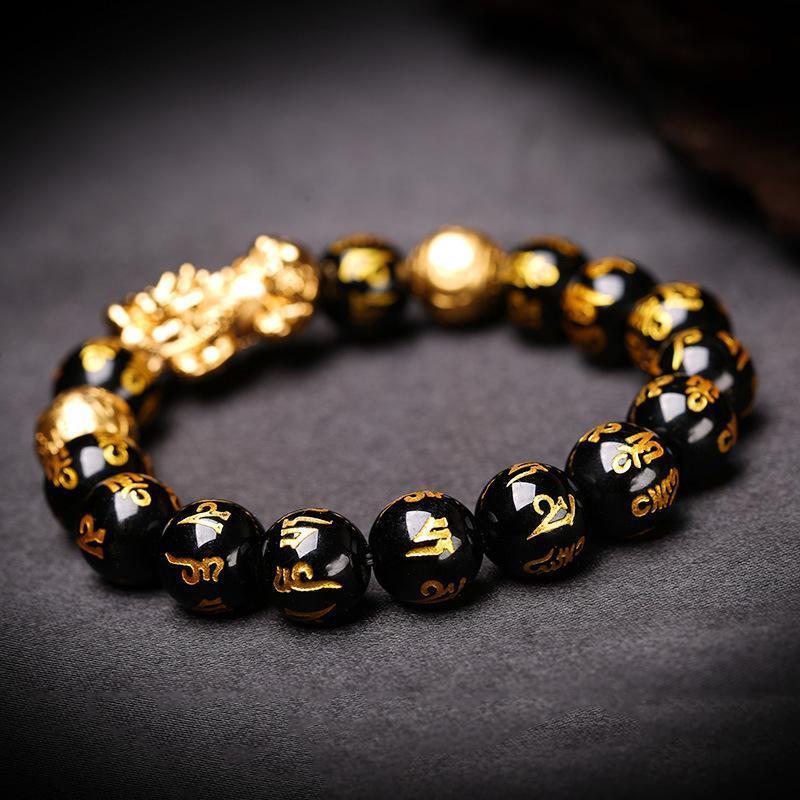 Feng Shui Black Obsidian Stone 10 Karat Gold Bracelet